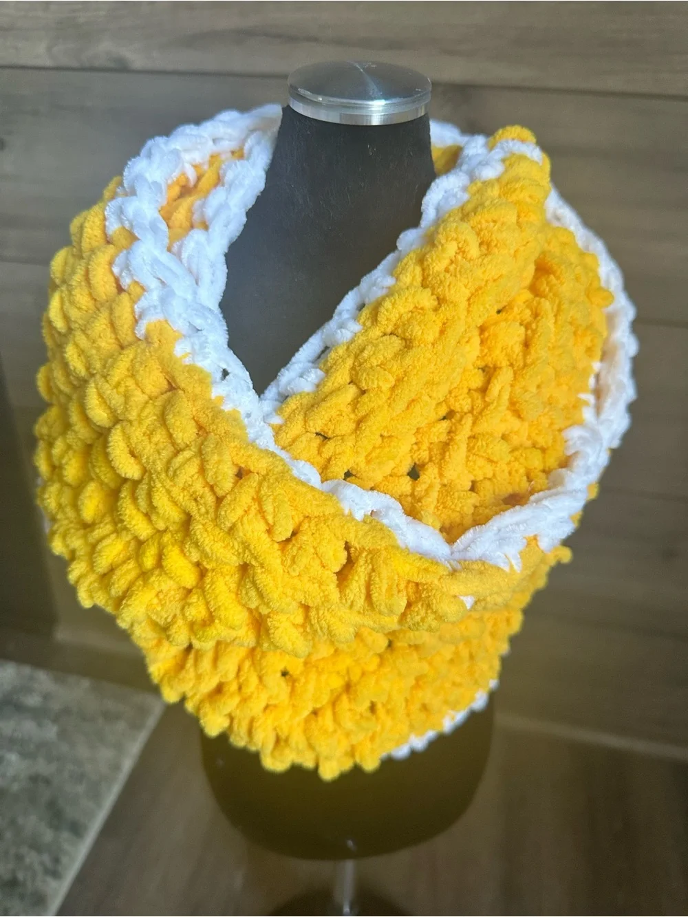 Cozy Yellow Plush Infinity Scarf with White Trim